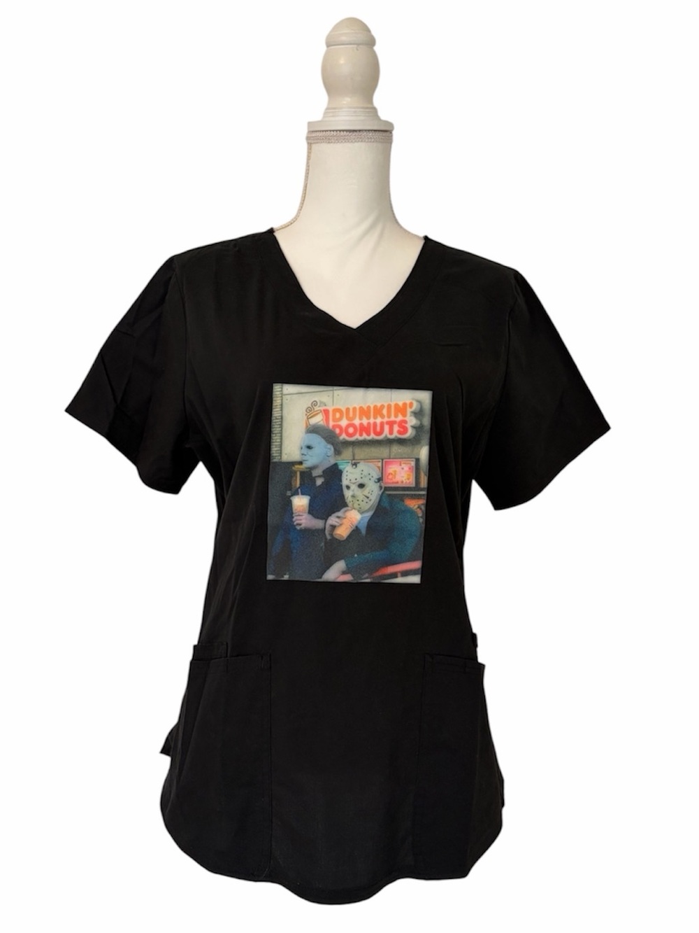 Scrubstar Black V-Neck Nursing Scrub Top with Dunkin' Donuts Horror Graphic